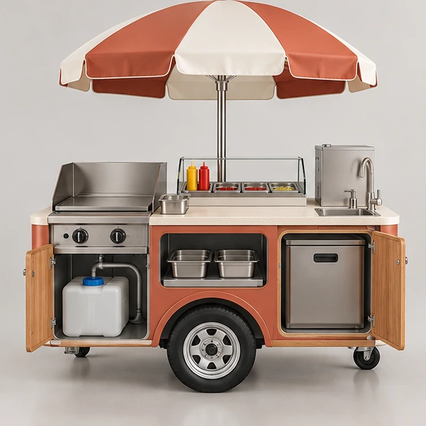 Compact Push Hot Dog Cart with Canopy and Water System operator-side equipment, access, and storage view