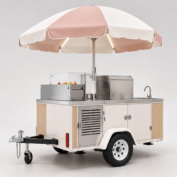Electric Hot Dog Cart with Enclosed Equipment Bay opposite angle showing its complete footprint and display layout