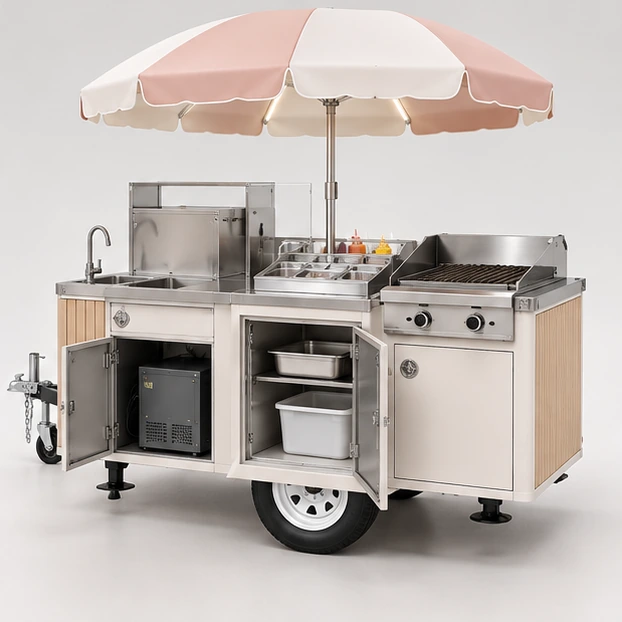Electric Hot Dog Cart with Enclosed Equipment Bay operator-side equipment, access, and storage view