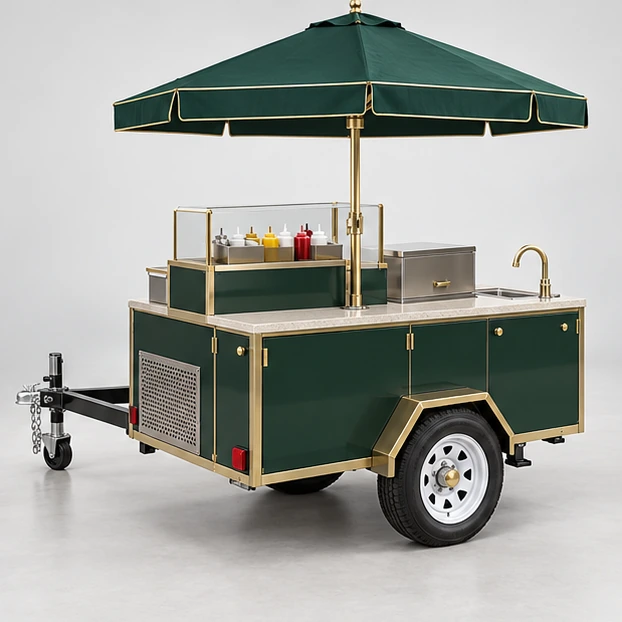 Event Hot Dog Cart with Grill and Fryer Modules opposite angle showing its complete footprint and display layout