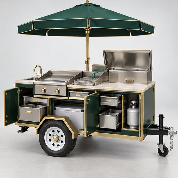 Event Hot Dog Cart with Grill and Fryer Modules operator-side equipment, access, and storage view