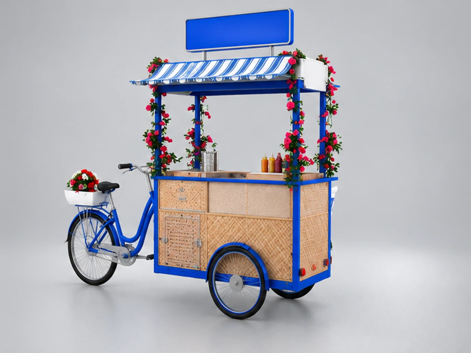 Fancy outdoor use mobile snack cart street food trolley with bike opposite angle and overall footprint