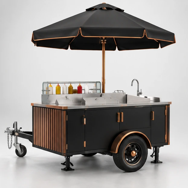 Franchise Hot Dog Cart with Modular Cooking Equipment opposite angle showing its complete footprint and display layout