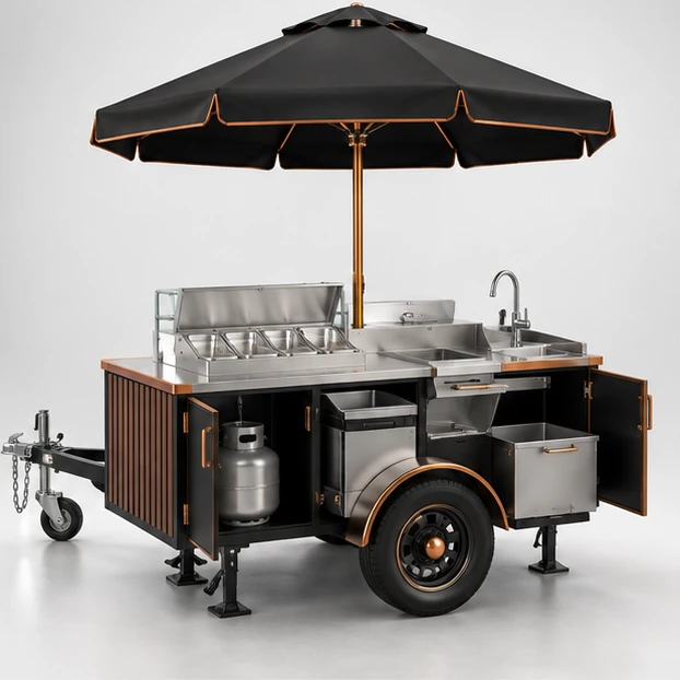 Franchise Hot Dog Cart with Modular Cooking Equipment operator-side equipment, access, and storage view