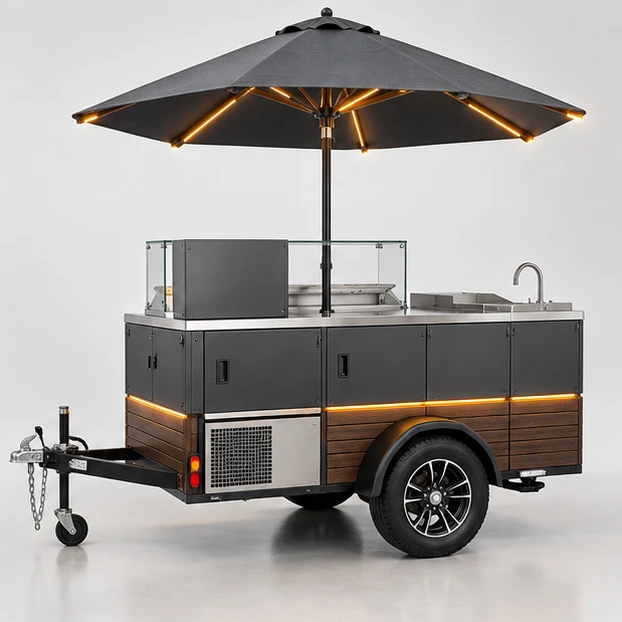 Hot Dog Cart with Refrigerated Topping Rail opposite angle showing its complete footprint and display layout