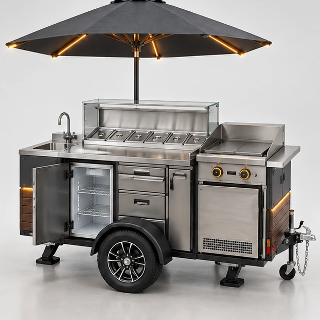 Hot Dog Cart with Refrigerated Topping Rail operator-side equipment, access, and storage view