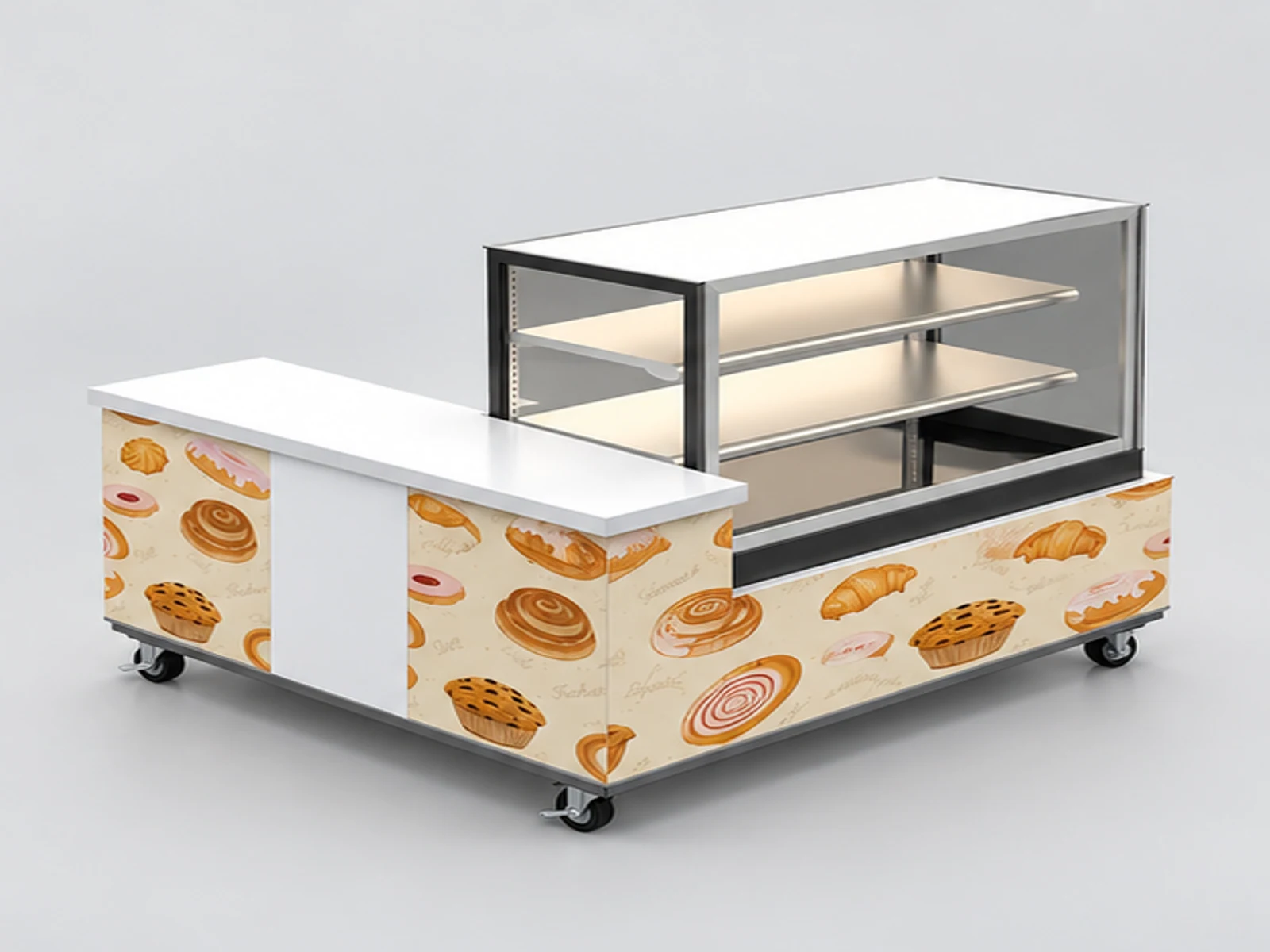 L shape Hot Dog Cart Design Mobile Fast Food Kiosk Stand Portable Cake Stand in Mall for Sale opposite angle and overall footprint