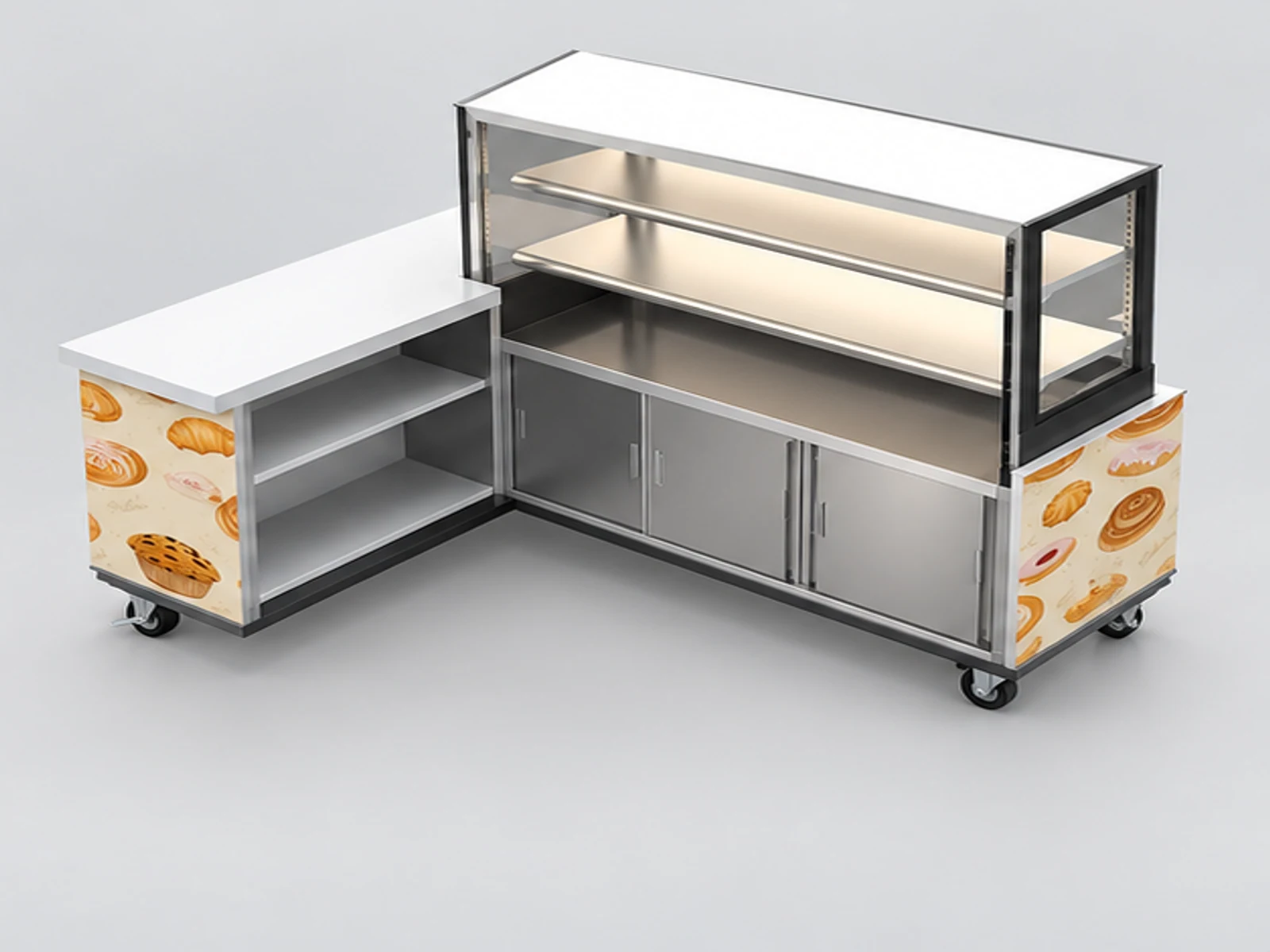 L shape Hot Dog Cart Design Mobile Fast Food Kiosk Stand Portable Cake Stand in Mall for Sale staff-side equipment and storage view