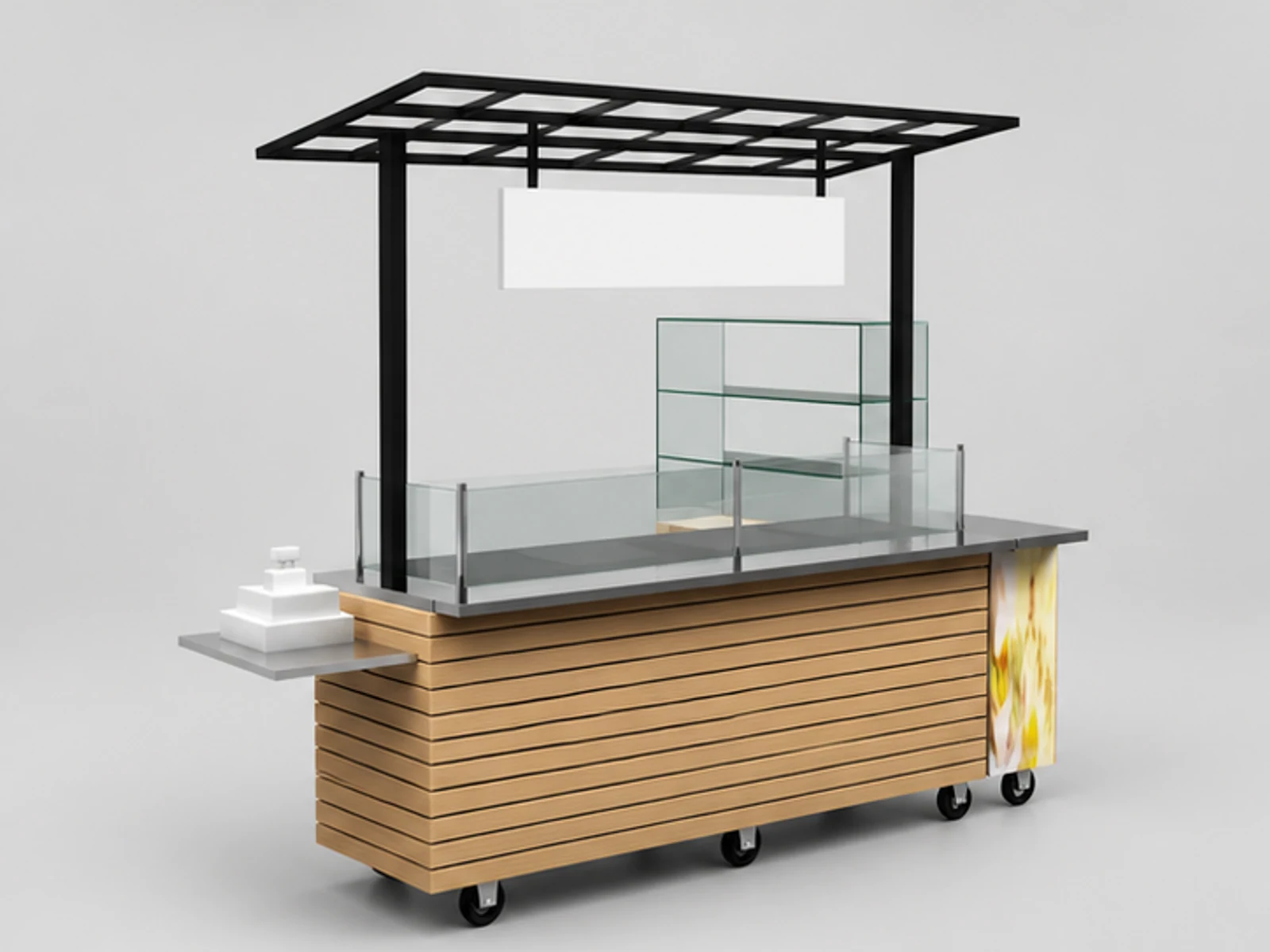 Outdoor crepes display cart | wooden design fast-food stand main three-quarter view