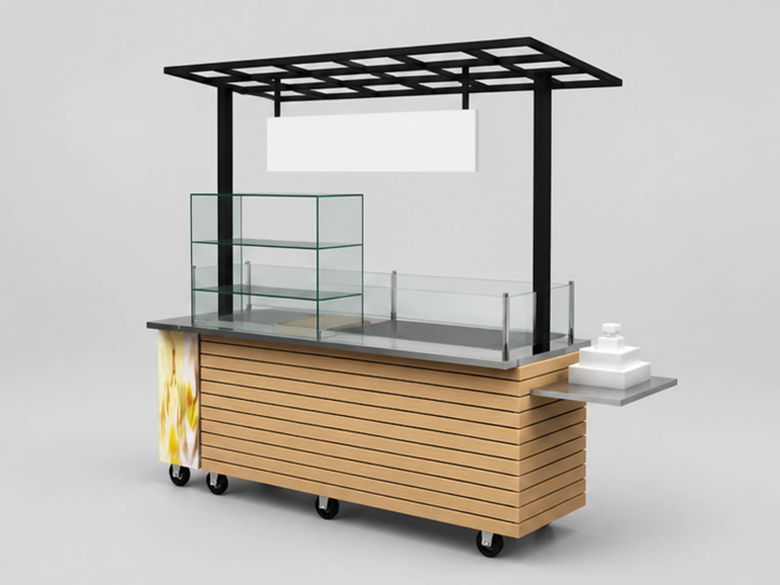 Outdoor crepes display cart | wooden design fast-food stand opposite angle and overall footprint