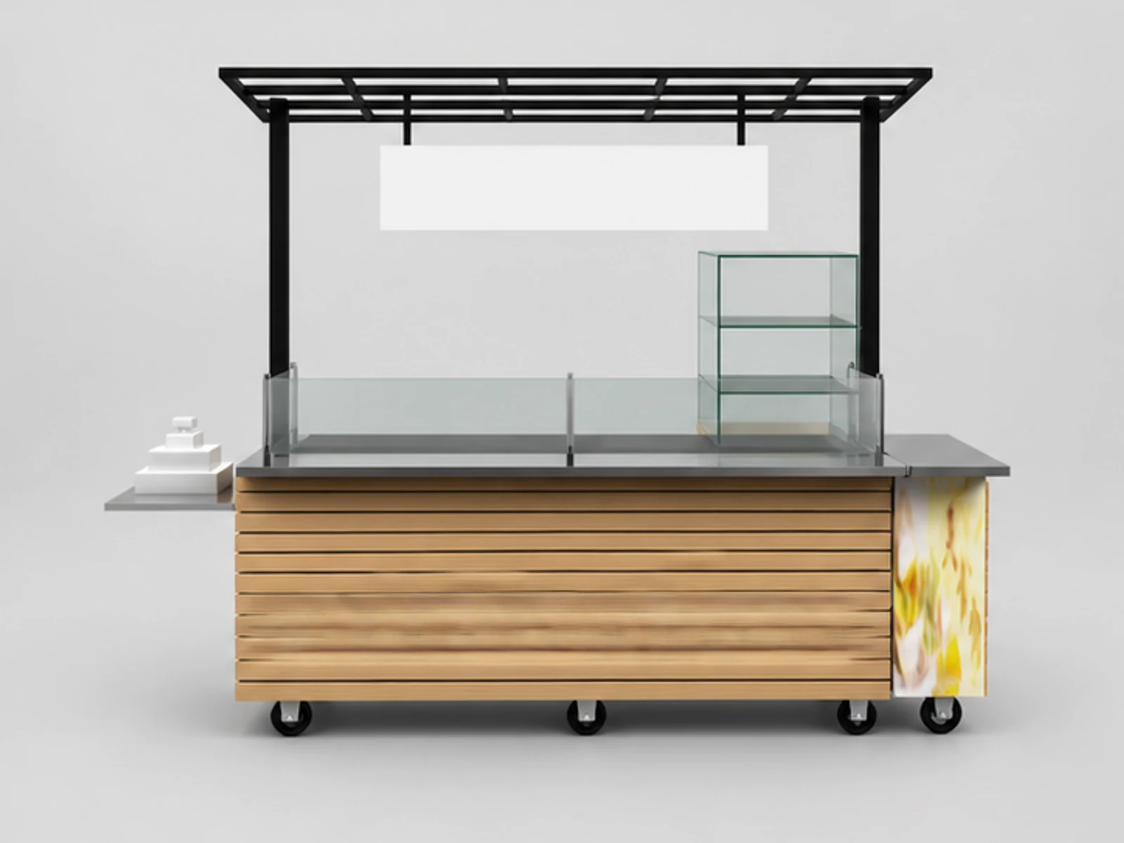 Outdoor crepes display cart | wooden design fast-food stand customer-facing service and display view