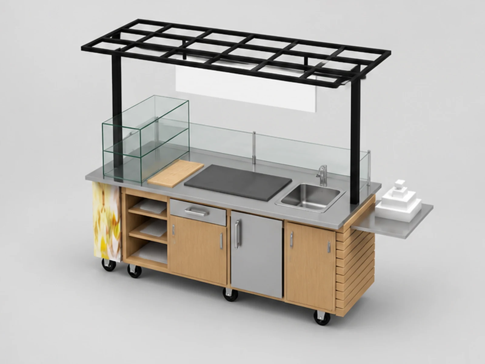Outdoor crepes display cart | wooden design fast-food stand staff-side equipment and storage view
