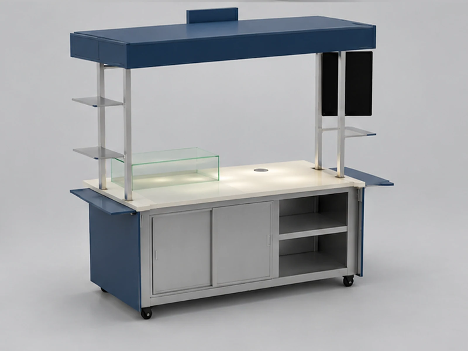 Outdoor waffles cart | stainless steel food stand staff-side equipment and storage view