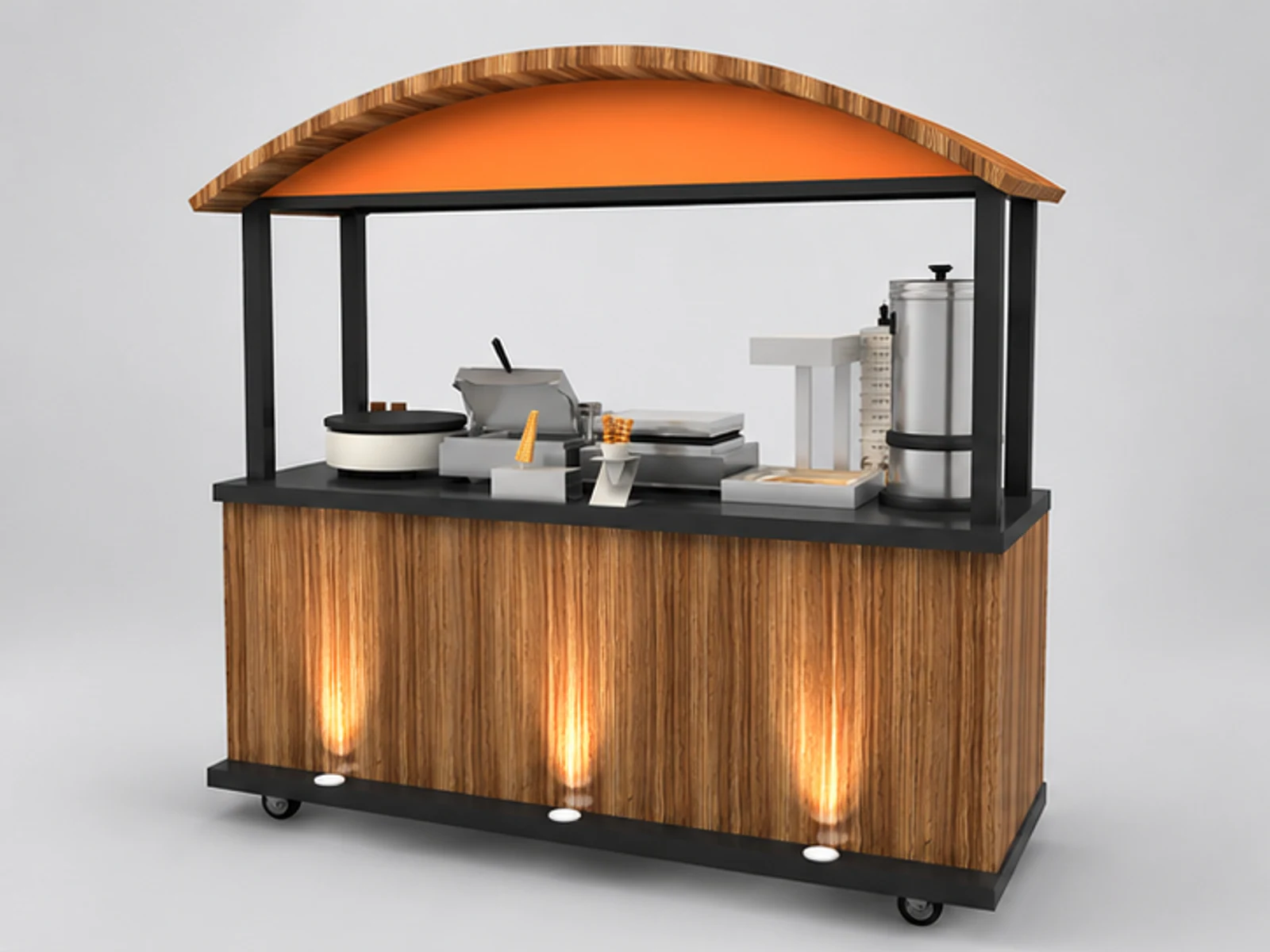 Outdoor wooden crepes cart | street snacks display stand main three-quarter view