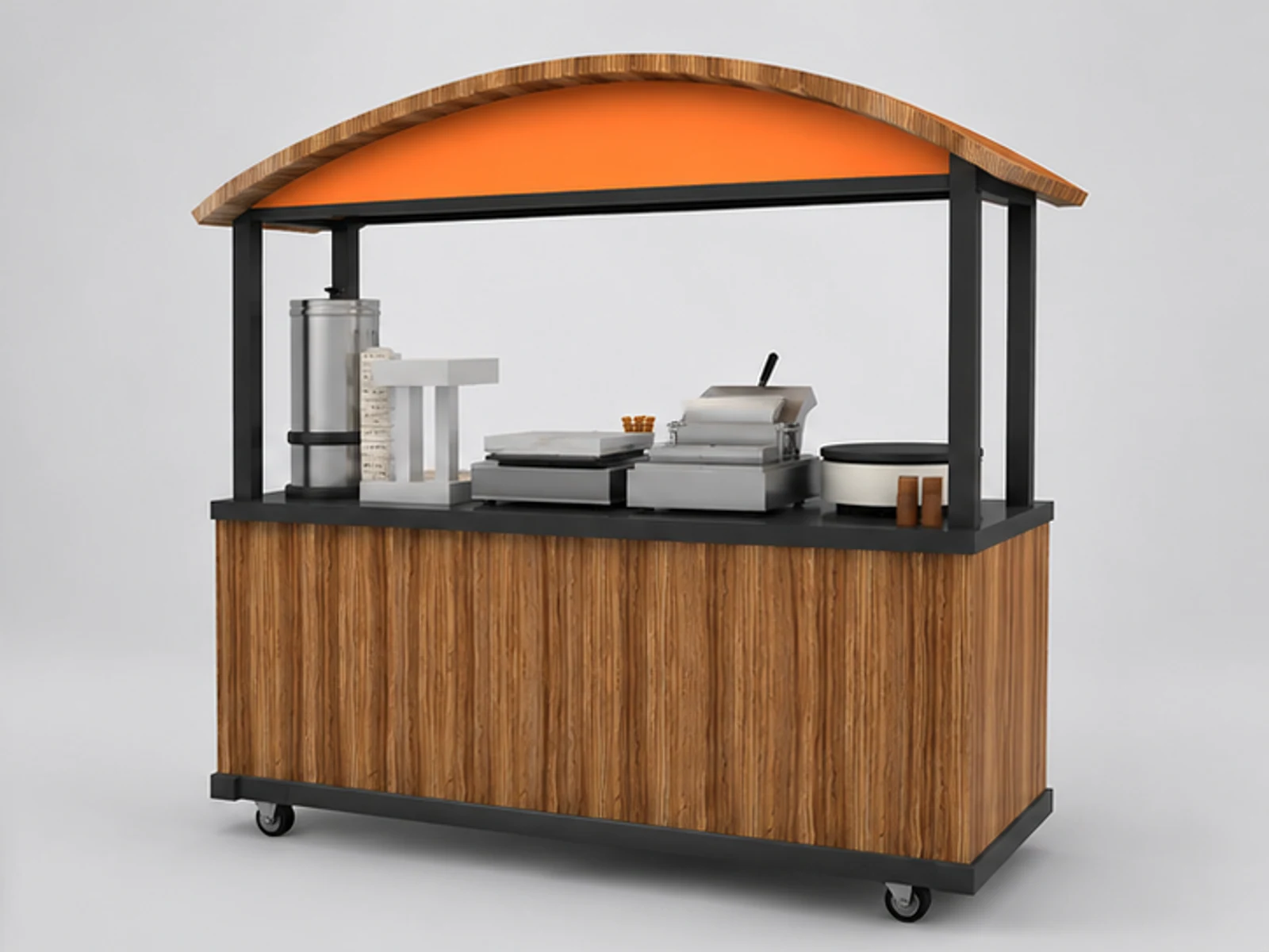 Outdoor wooden crepes cart | street snacks display stand opposite angle and overall footprint