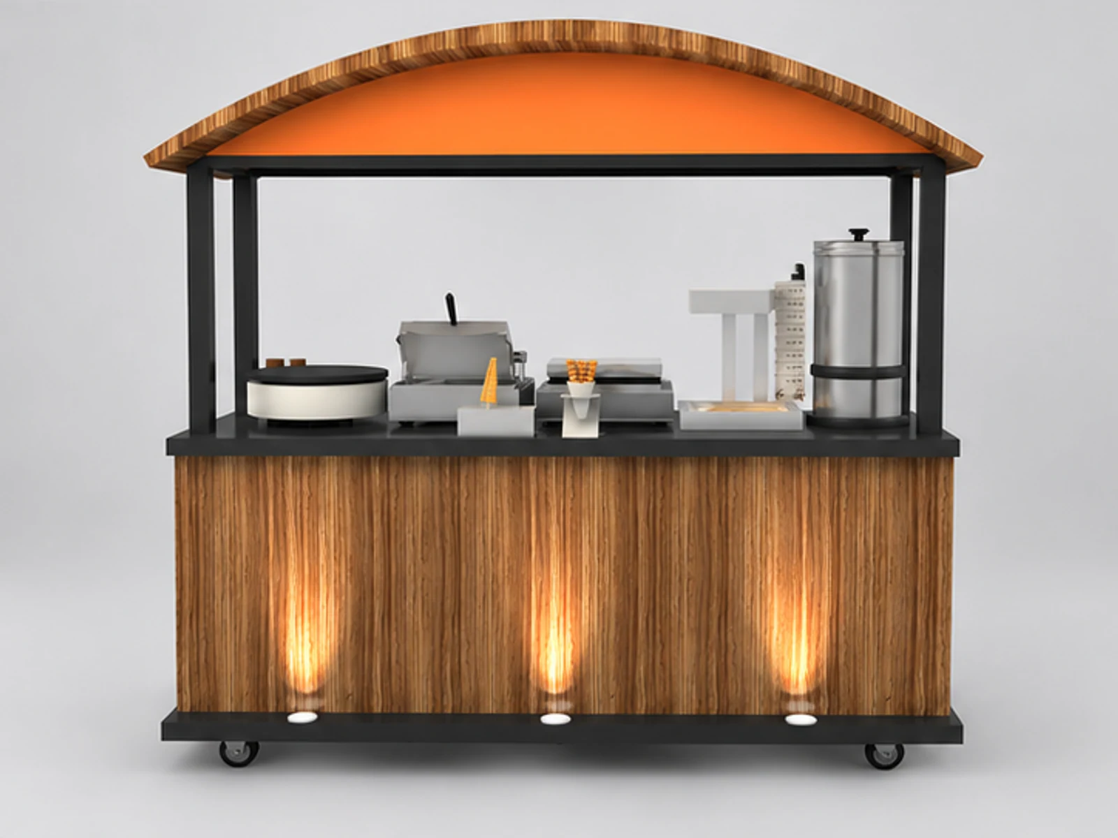 Outdoor wooden crepes cart | street snacks display stand customer-facing service and display view