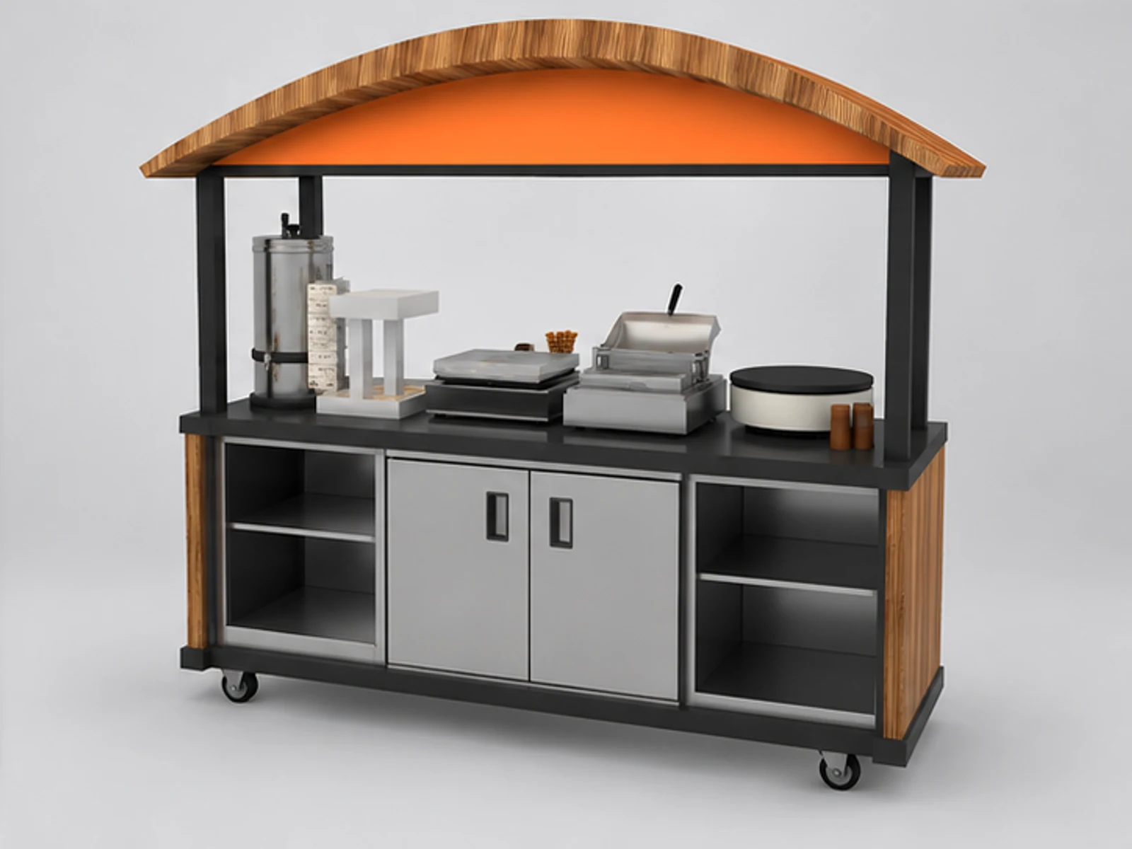 Outdoor wooden crepes cart | street snacks display stand staff-side equipment and storage view