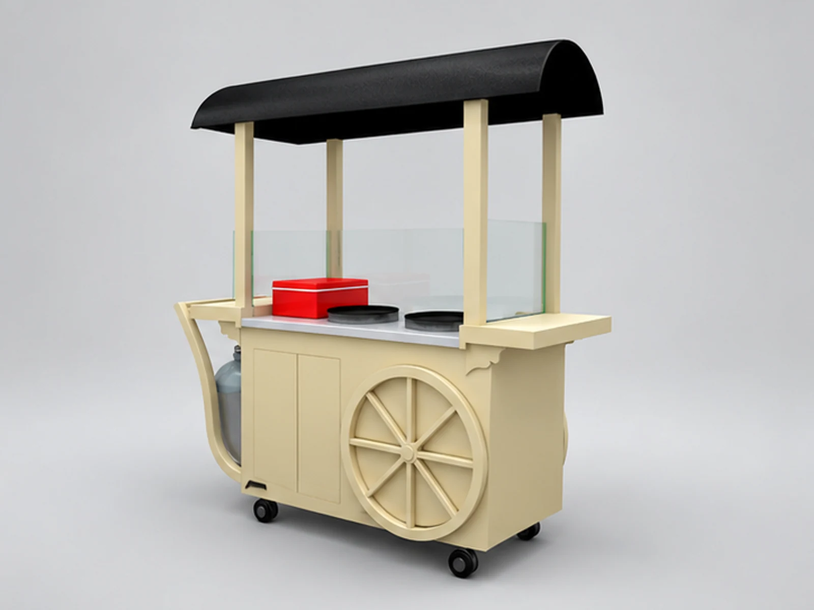 Special shape for pancakes stand | mini outdoor snack cart opposite angle and overall footprint