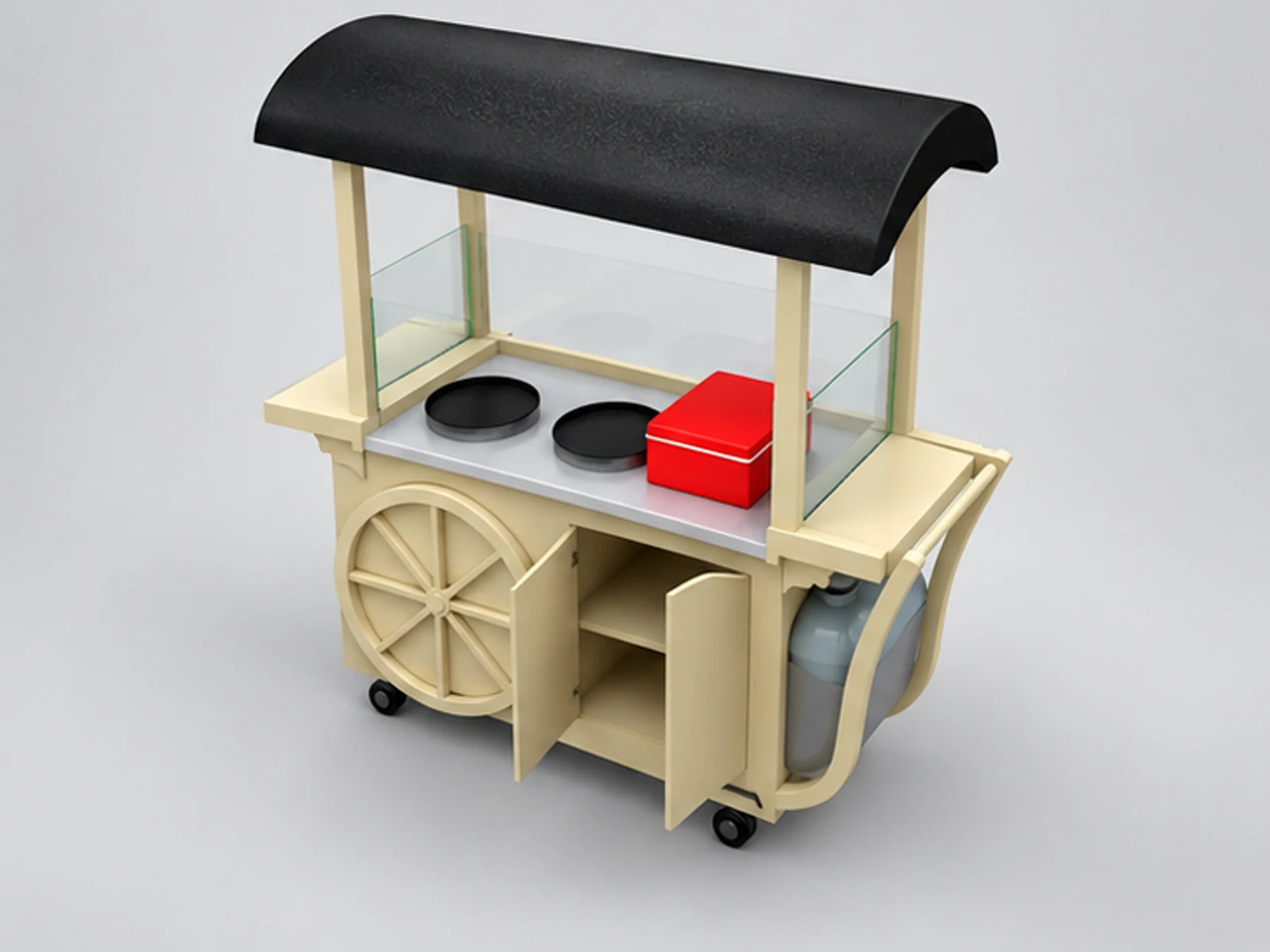 Special shape for pancakes stand | mini outdoor snack cart staff-side equipment and storage view