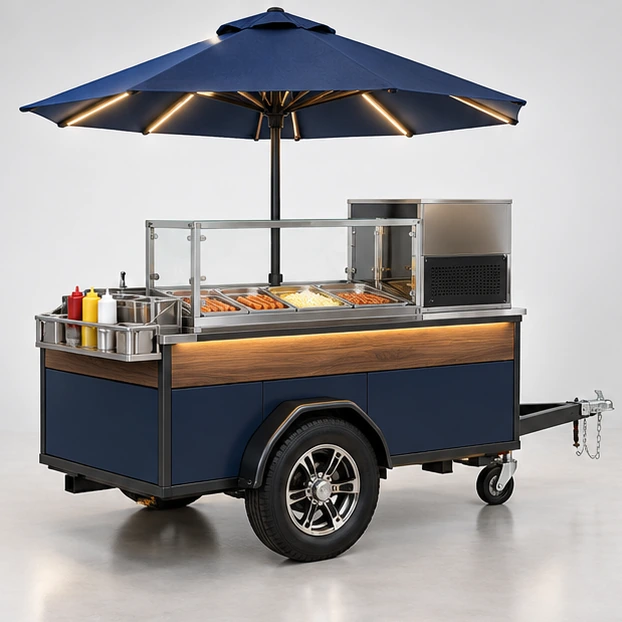 Stainless Hot Dog Cart with Steam Table and Sneeze Guard main three-quarter product rendering