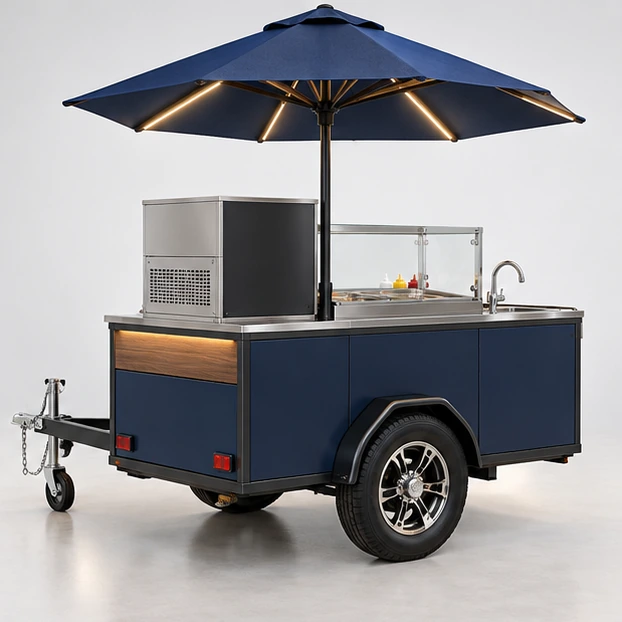 Stainless Hot Dog Cart with Steam Table and Sneeze Guard opposite angle showing its complete footprint and display layout