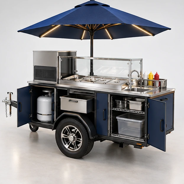 Stainless Hot Dog Cart with Steam Table and Sneeze Guard operator-side equipment, access, and storage view