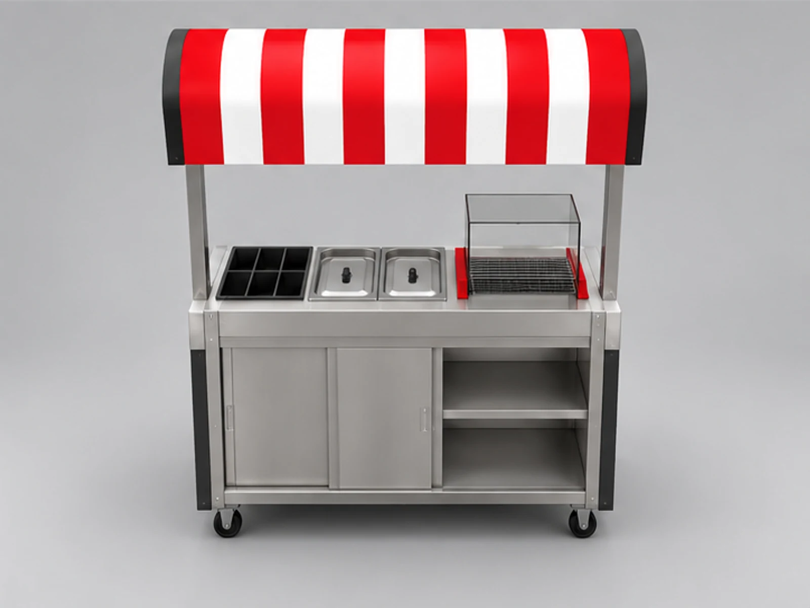 Stainless steel hot dog cart | outdoor snack stall supplier staff-side equipment and storage view