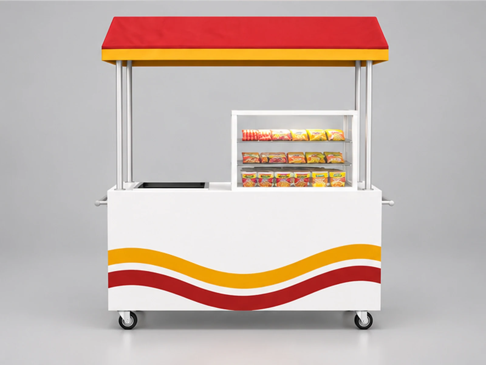 Street snack display cabinet | outdoor fast food cart customer-facing service and display view