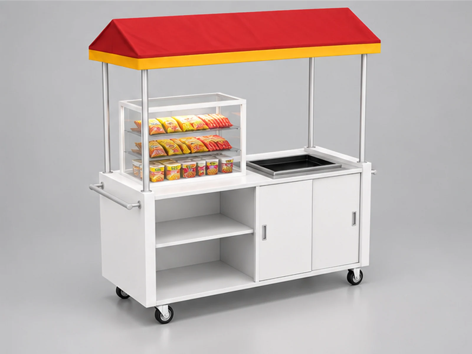 Street snack display cabinet | outdoor fast food cart staff-side equipment and storage view