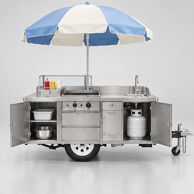 Vintage-Style Hot Dog Cart with Modern Food-Safe Worktop operator-side equipment, access, and storage view