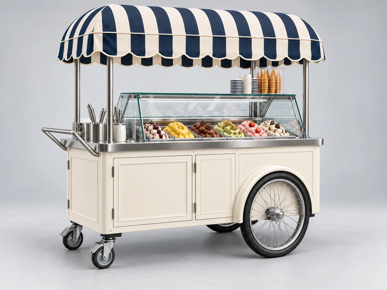Classic Gelato Push Cart with Striped Canopy opposite angle showing the complete layout