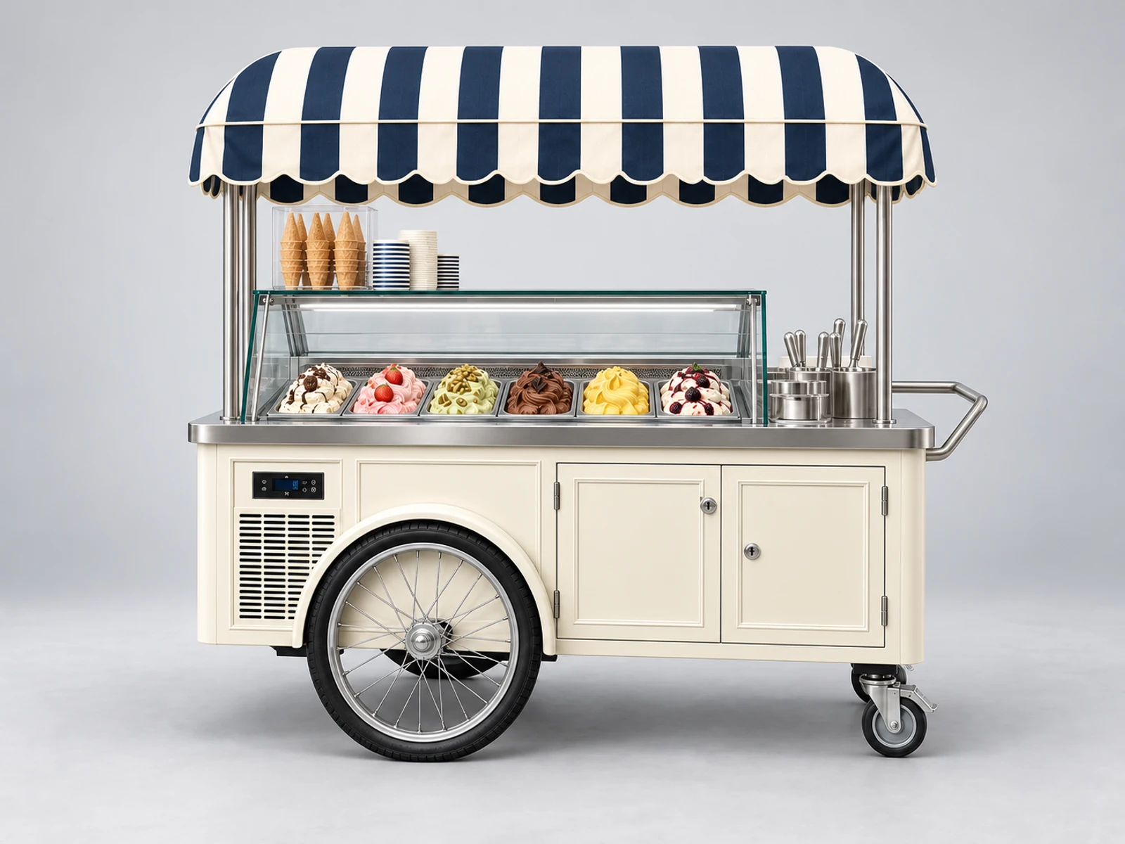Classic Gelato Push Cart with Striped Canopy customer-facing service and display detail