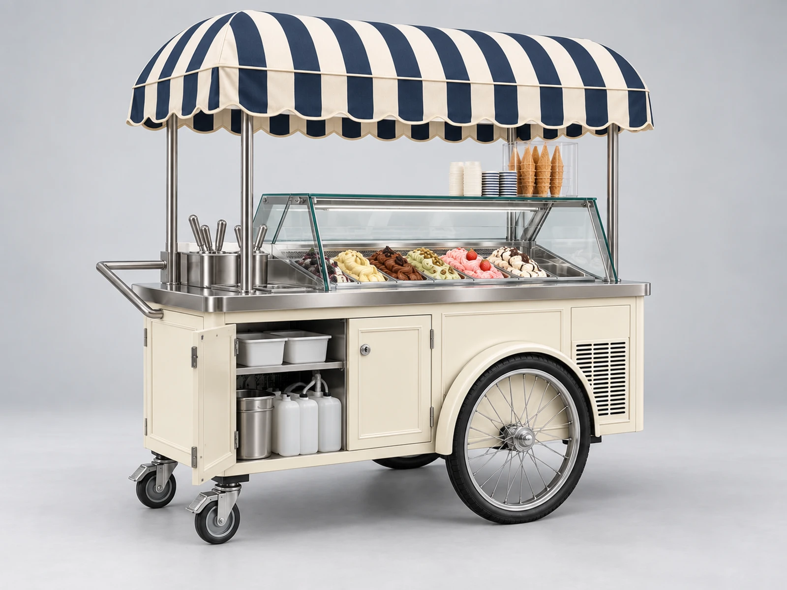 Classic Gelato Push Cart with Striped Canopy staff-side equipment, utilities, and storage view