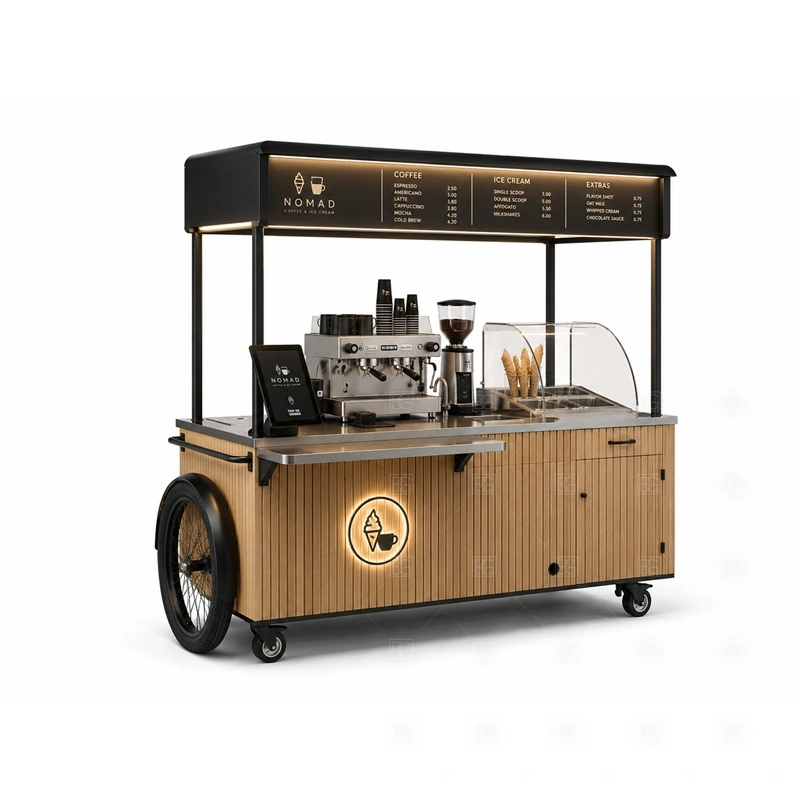 Commercial Ice Cream Cart with Service Counter with a commercial service counter layout with freezer display and staff workspace shown in the commercial ice cream cart with service counter product photos for mobile dessert retail