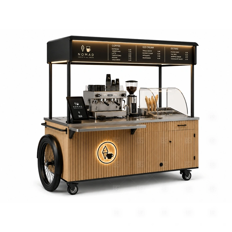 Commercial Ice Cream Cart with Service Counter layout showing mobile cart body planning shown in the commercial ice cream cart with service counter product photos, with food court traffic where order, payment, and pickup need a clean sequence