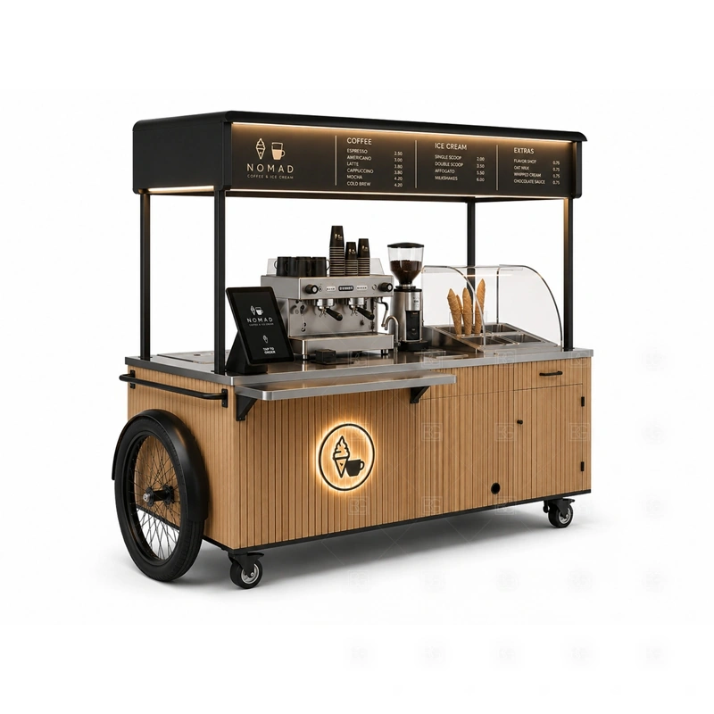 Commercial Ice Cream Cart with Service Counter display detail for freezer display, serving ledge, topping area, menu sign, front graphics, and customer-facing panels planned for commercial ice cream cart with service counter