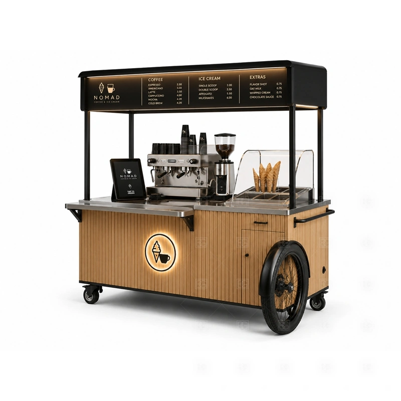 Commercial Ice Cream Cart with Service Counter branding detail for canopy, logo panel, wheel style, side graphics, menu board, and dessert brand colors coordinated for commercial ice cream cart with service counter