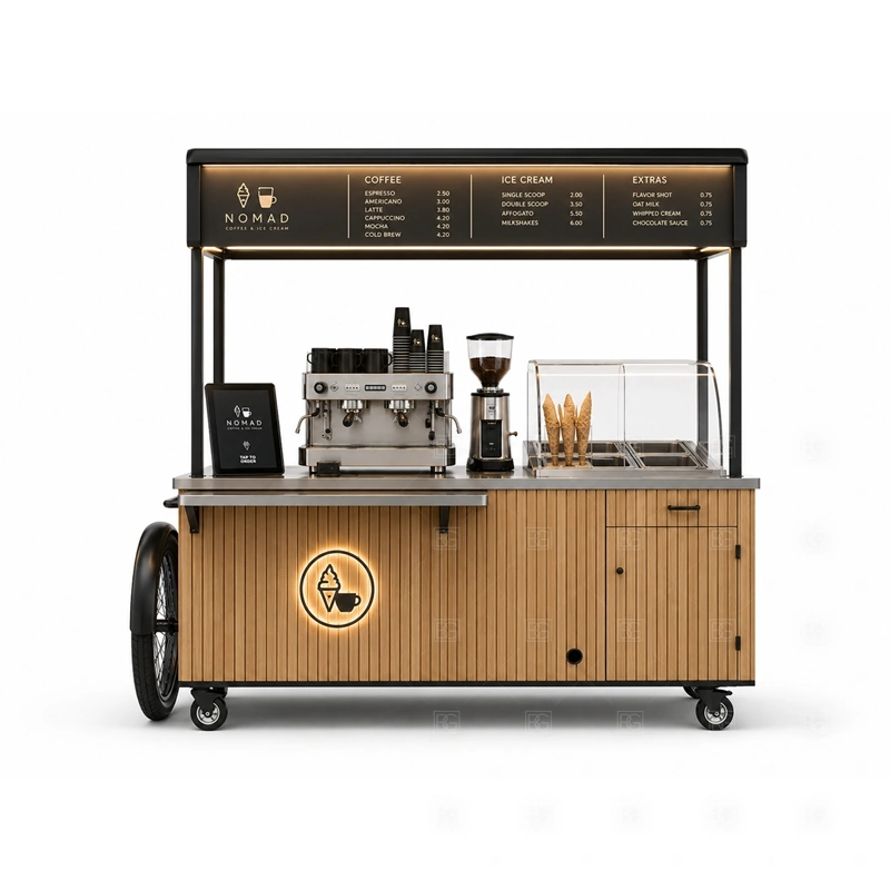 Commercial Ice Cream Cart with Service Counter storage detail for under-counter storage, topping bins, packaging space, waste access, cable routes, and service supplies planned for commercial ice cream cart with service counter