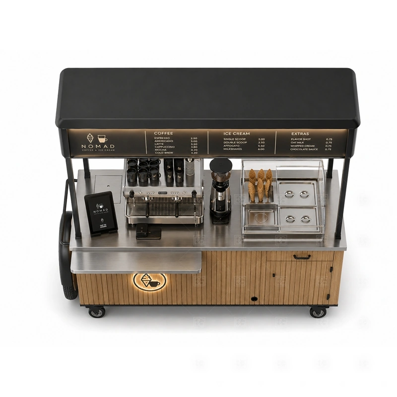 Commercial Ice Cream Cart with Service Counter buyer planning detail for Commercial Ice Cream Cart with Service Counter target size, freezer model, canopy size, wheel style, serving direction, menu type, venue rules, destination country