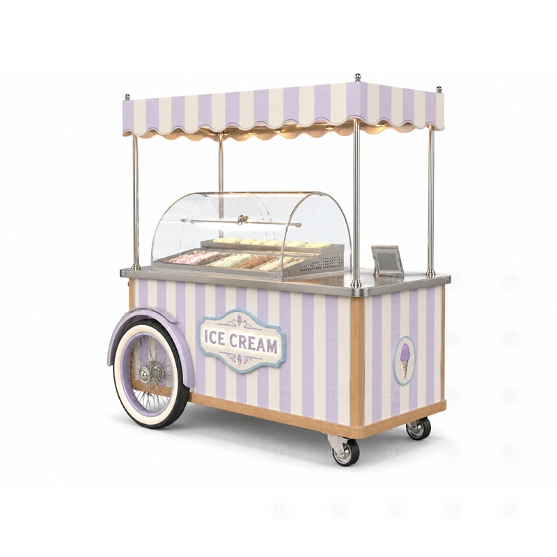 Custom Gelato Cart with Display Freezer branding detail for canopy, logo panel, wheel style, side graphics, menu board, and dessert brand colors coordinated for custom gelato cart with display freezer
