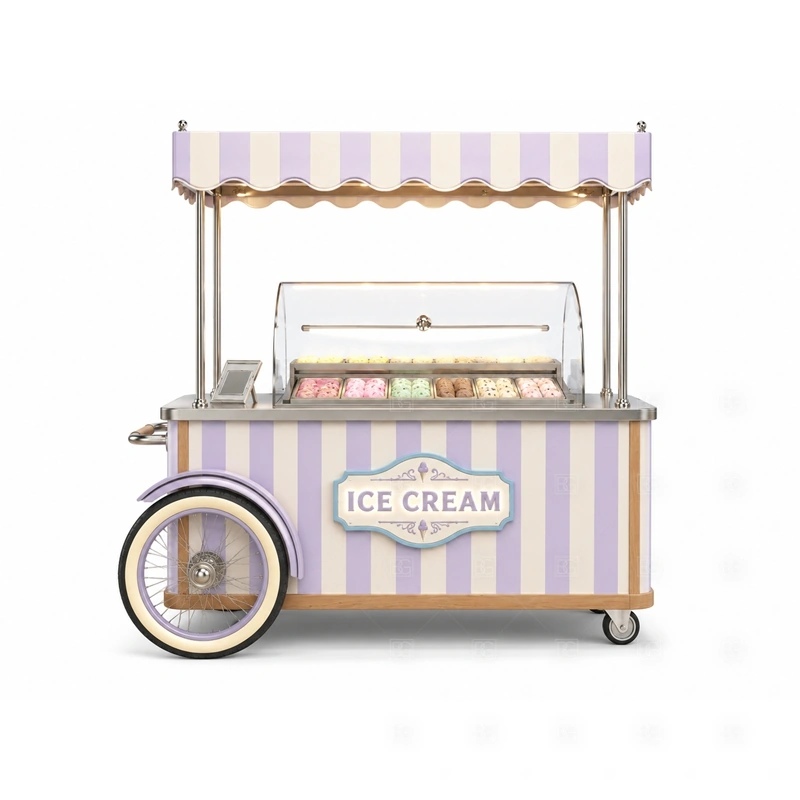 Custom Gelato Cart with Display Freezer storage detail for under-counter storage, topping bins, packaging space, waste access, cable routes, and service supplies planned for custom gelato cart with display freezer