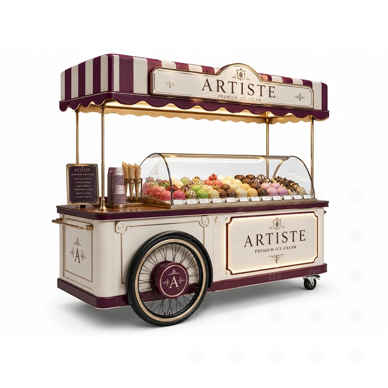 Custom Ice Cream Cart for Sale with a custom mobile cart for ice cream sales, brand presentation, and compact service shown in the custom ice cream cart for sale product photos for mobile dessert retail