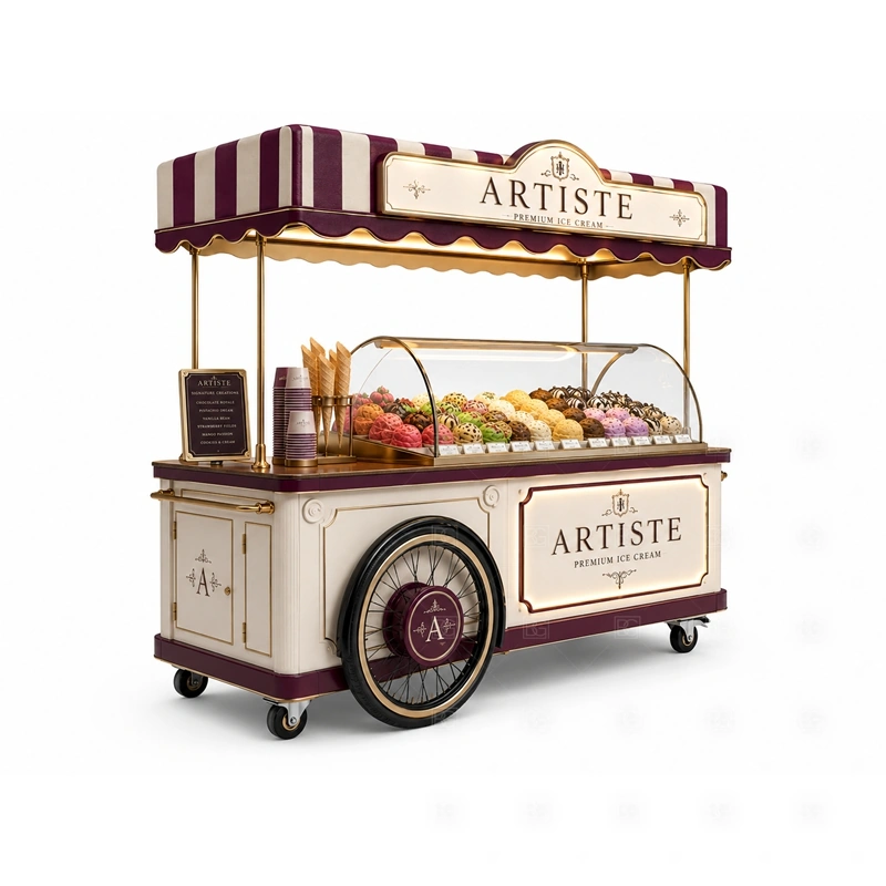 Custom Ice Cream Cart for Sale display detail for freezer display, serving ledge, topping area, menu sign, front graphics, and customer-facing panels planned for custom ice cream cart for sale