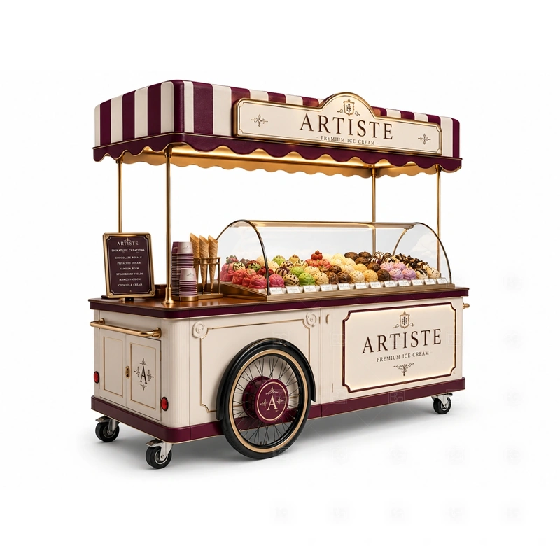 Custom Ice Cream Cart for Sale branding detail for canopy, logo panel, wheel style, side graphics, menu board, and dessert brand colors coordinated for custom ice cream cart for sale