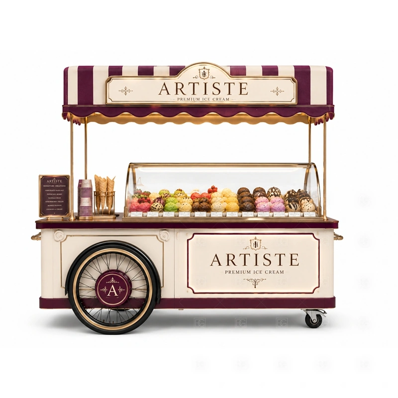 Custom Ice Cream Cart for Sale storage detail for under-counter storage, topping bins, packaging space, waste access, cable routes, and service supplies planned for custom ice cream cart for sale