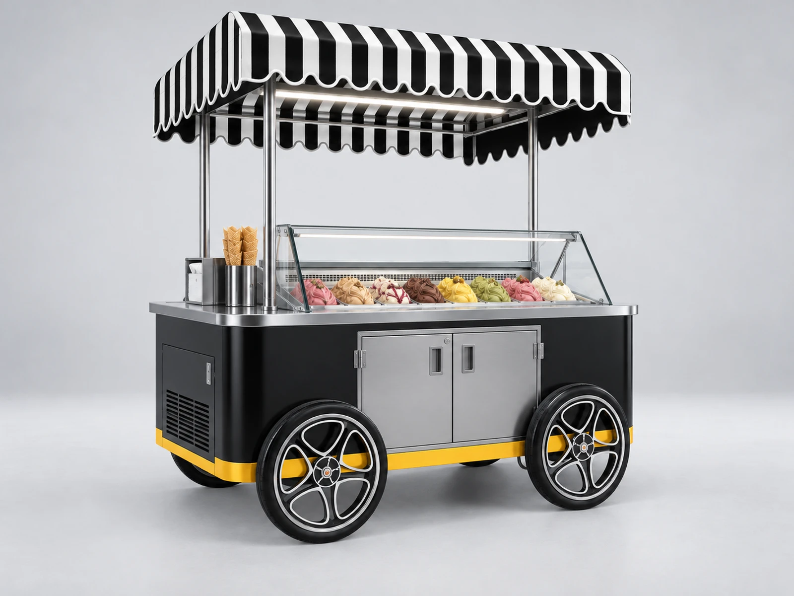Electric Mobile Gelato Cart with Battery Refrigeration opposite angle showing the complete layout