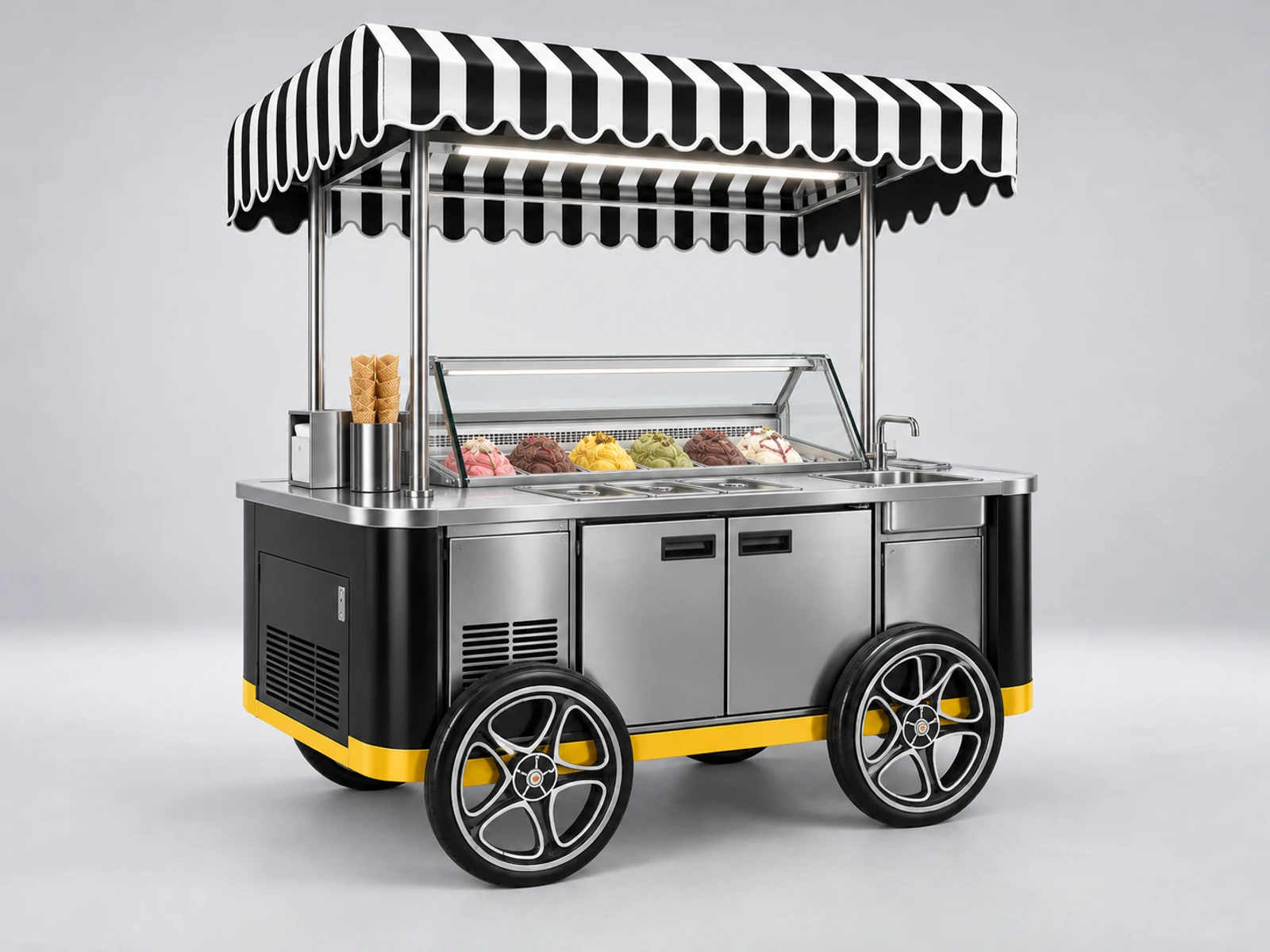 Electric Mobile Gelato Cart with Battery Refrigeration staff-side equipment, utilities, and storage view