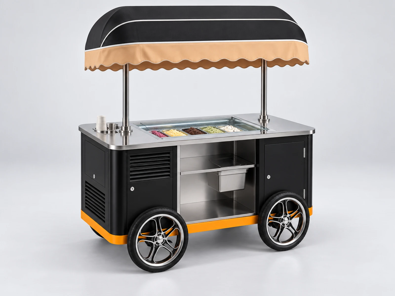 Event Gelato Cart with Multi-Pan Display staff-side equipment, utilities, and storage view