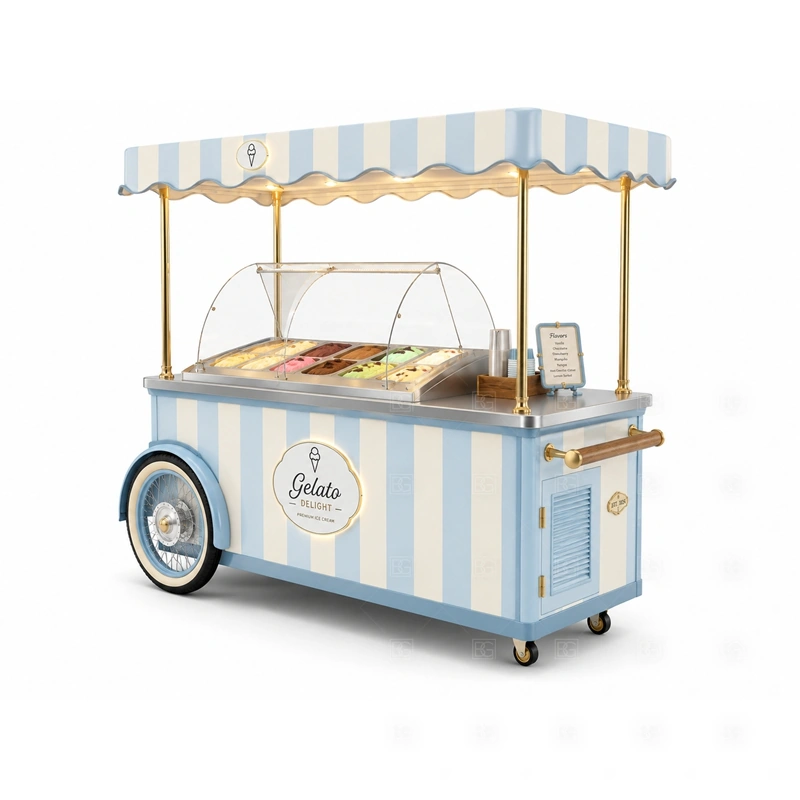Ice Cream Freezer Cart for Retail Mall display detail for freezer display, serving ledge, topping area, menu sign, front graphics, and customer-facing panels planned for ice cream freezer cart for retail mall
