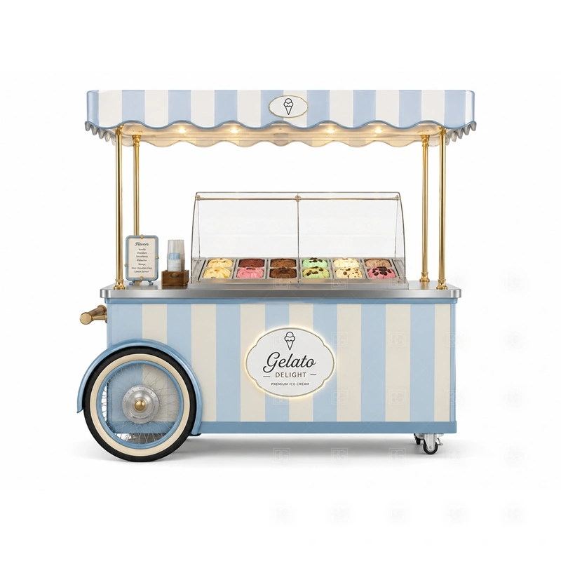 Ice Cream Freezer Cart for Retail Mall branding detail for canopy, logo panel, wheel style, side graphics, menu board, and dessert brand colors coordinated for ice cream freezer cart for retail mall